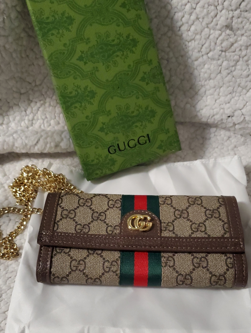 Gucci Brown GG Supreme Wallet with Red & Green Web Stripe and Gold Chain
